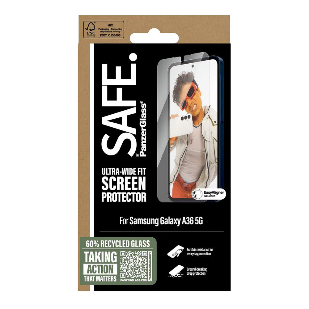 Beschermfolie PanzerGlass Safe Scherm. Ultra-Wide Fit EasyAligner voor Samsung Galaxy A36 A366, Gehard Glas, Volledige Lijm