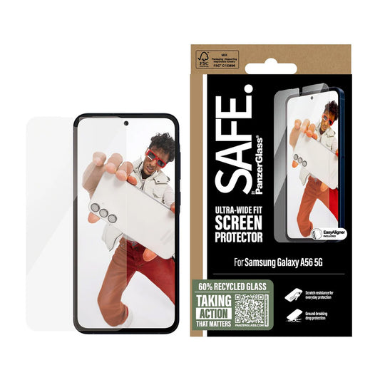 Beschermfolie PanzerGlass Safe scherm. Ultra-Wide Fit EasyAligner voor Samsung Galaxy A56 A566, Gehard Glas, Volledige Lijm