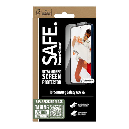 Beschermfolie PanzerGlass Safe scherm. Ultra-Wide Fit EasyAligner voor Samsung Galaxy A56 A566, Gehard Glas, Volledige Lijm