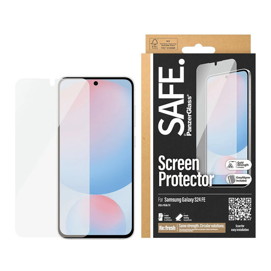 Beschermfolie PanzerGlass Safe Scherm. Ultra-Wide Fit EasyAligner voor Samsung Galaxy S24 FE S721, Gehard Glas, Volledige Lijm