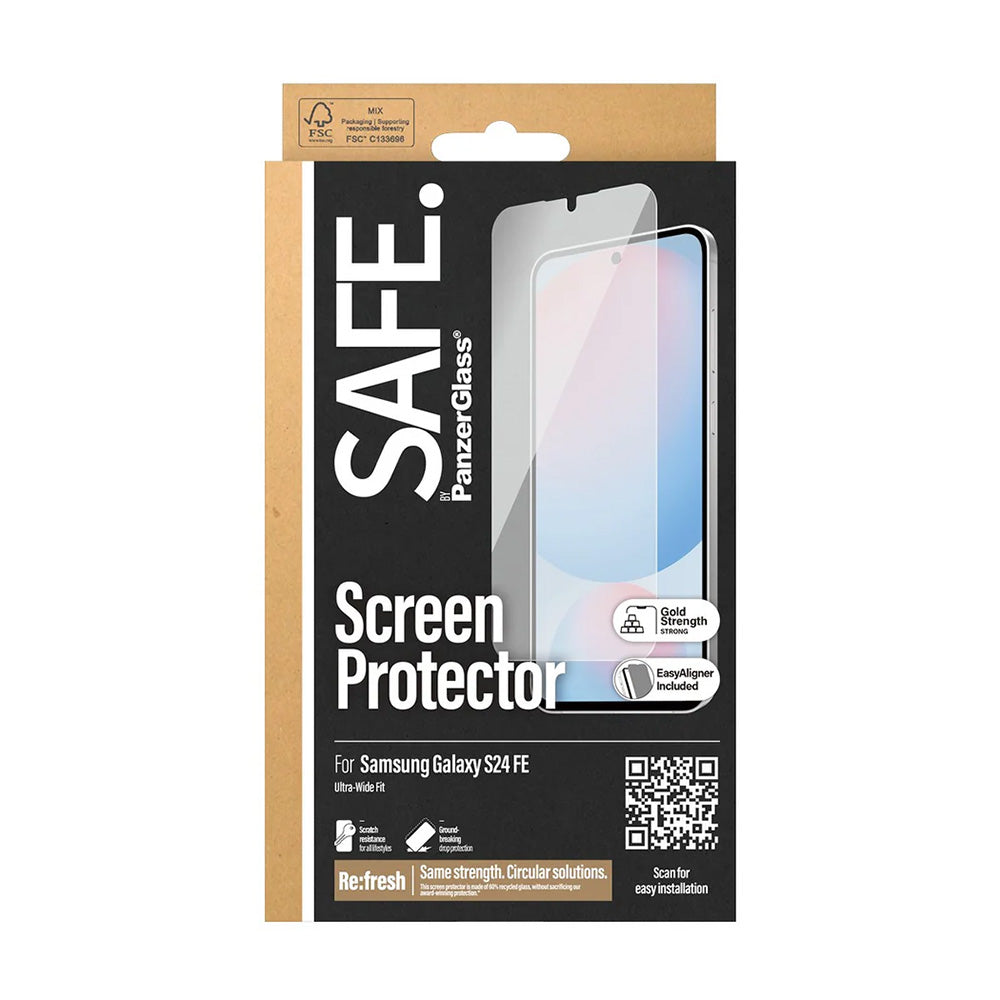 Beschermfolie PanzerGlass Safe Scherm. Ultra-Wide Fit EasyAligner voor Samsung Galaxy S24 FE S721, Gehard Glas, Volledige Lijm
