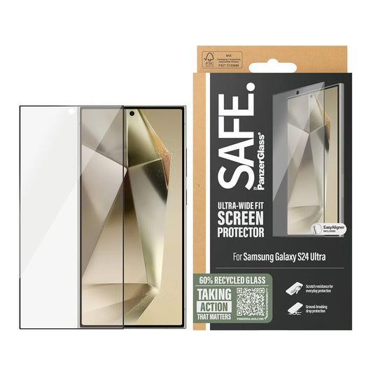 Beschermfolie PanzerGlass Safe Scherm. Ultra-Wide Fit EasyAligner voor Samsung Galaxy S24 Ultra S928, Gehard Glas, Volledige Lijm, Zwart