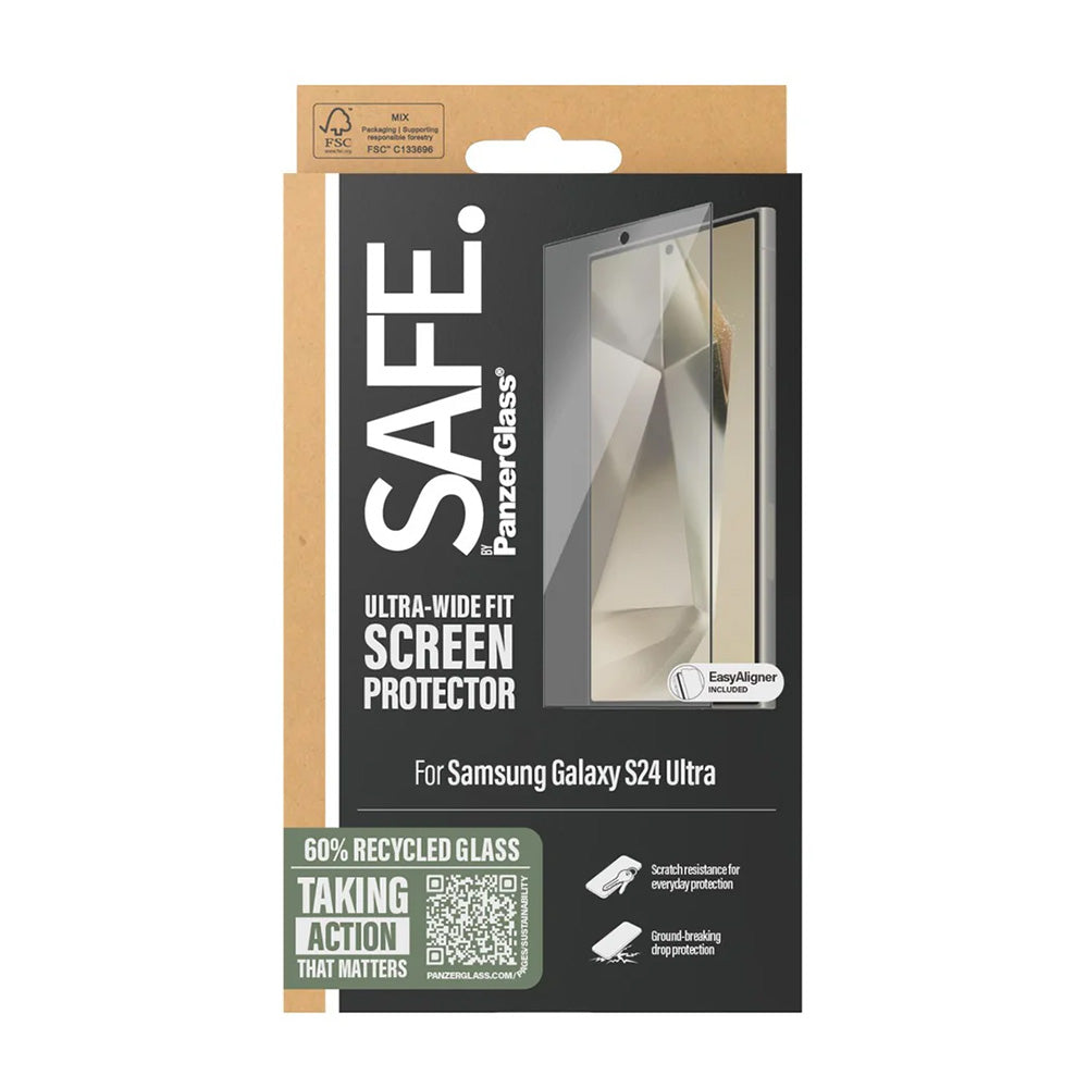 Beschermfolie PanzerGlass Safe Scherm. Ultra-Wide Fit EasyAligner voor Samsung Galaxy S24 Ultra S928, Gehard Glas, Volledige Lijm, Zwart