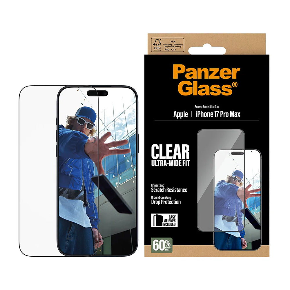 PanzerGlass Ultra-Wide Fit EasyAligner Screen Protector for Apple iPhone 17 Pro Max, Tempered Glass, Full Glue, Black