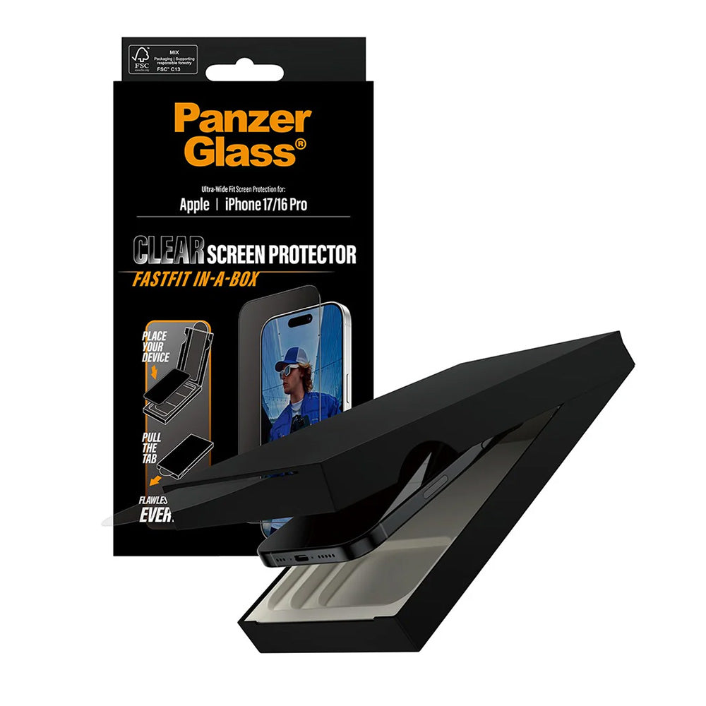 PanzerGlass Ultra-Wide Fit Fastfit Screen Protector for Apple iPhone 17 / 16 Pro, Tempered Glass, Full Glue, Black