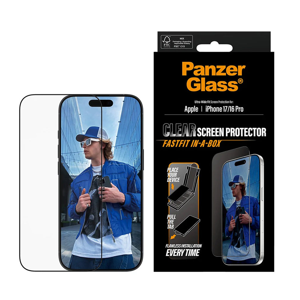 PanzerGlass Ultra-Wide Fit Fastfit Screen Protector for Apple iPhone 17 / 16 Pro, Tempered Glass, Full Glue, Black