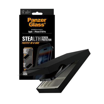 Beschermfolie PanzerGlass Ultra-Wide Fit Stealth Fastfit voor Apple iPhone 17 / 16 Pro, Gehard Glas, Volledige Lijm, Zwart