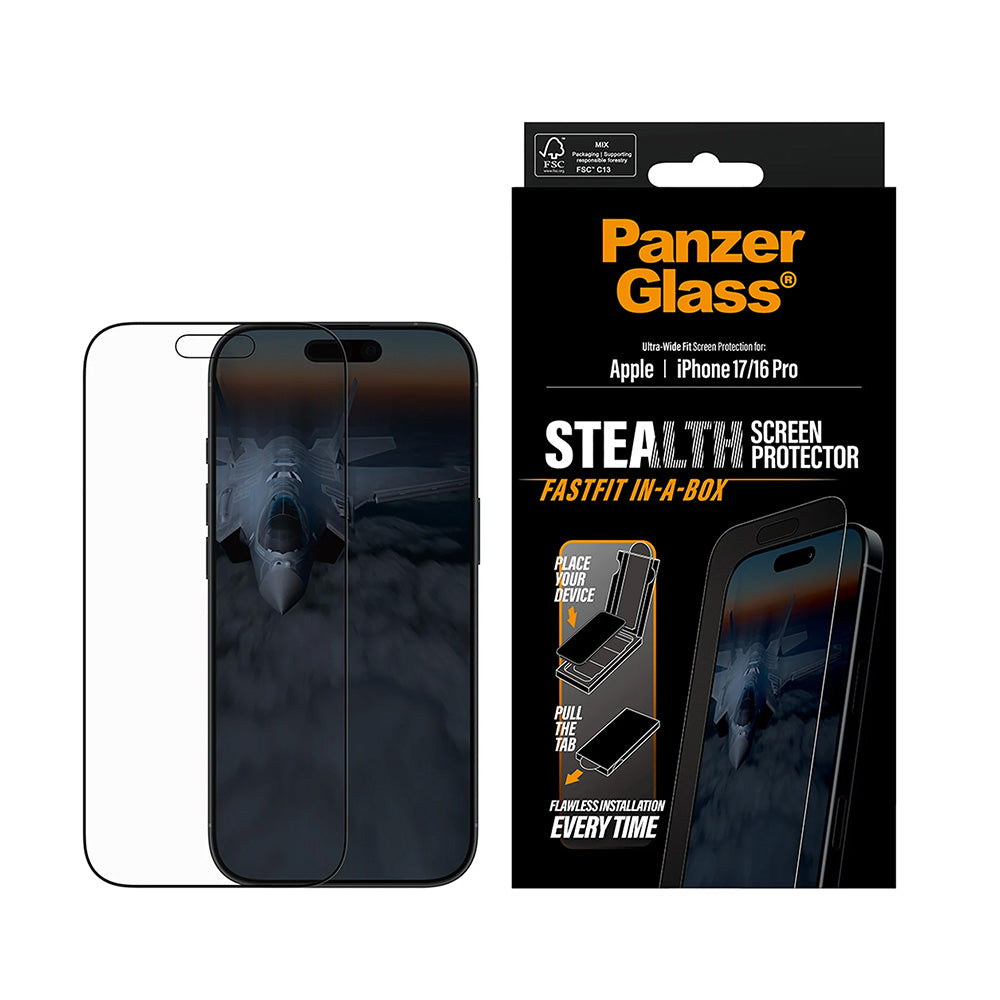 Beschermfolie PanzerGlass Ultra-Wide Fit Stealth Fastfit voor Apple iPhone 17 / 16 Pro, Gehard Glas, Volledige Lijm, Zwart