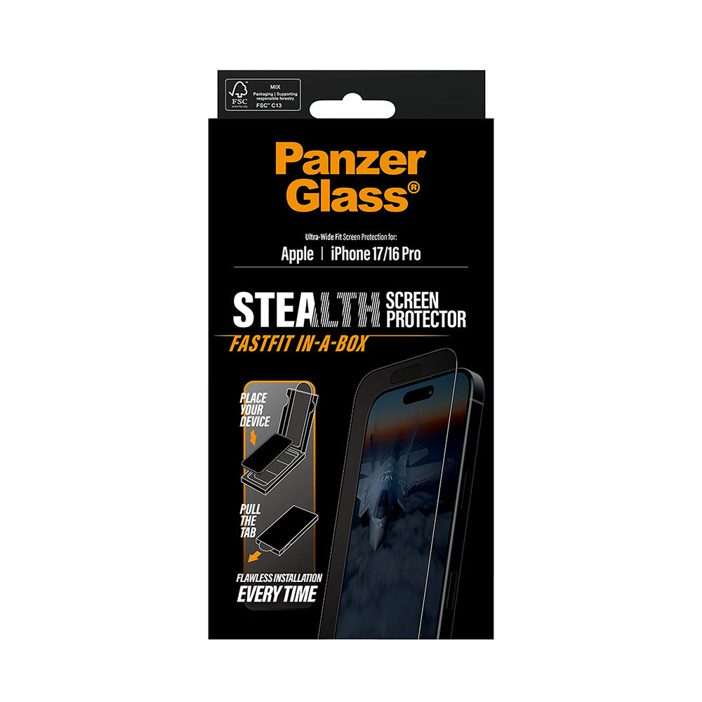 Beschermfolie PanzerGlass Ultra-Wide Fit Stealth Fastfit voor Apple iPhone 17 / 16 Pro, Gehard Glas, Volledige Lijm, Zwart