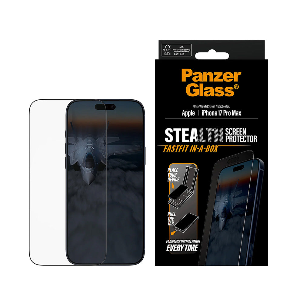 Beschermfolie PanzerGlass Ultra-Wide Fit Stealth Fastfit voor Apple iPhone 17 Pro Max, Gehard Glas, Volledige Lijm, Zwart