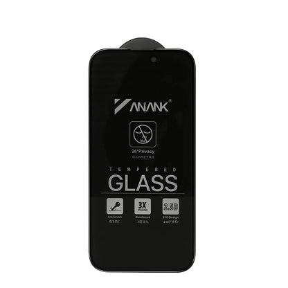Privacy Screen Protector Folie Anank 3X Versterkt voor Apple iPhone 15 Pro, Veiligheidsglas, Volledige Lijm, 2.5D