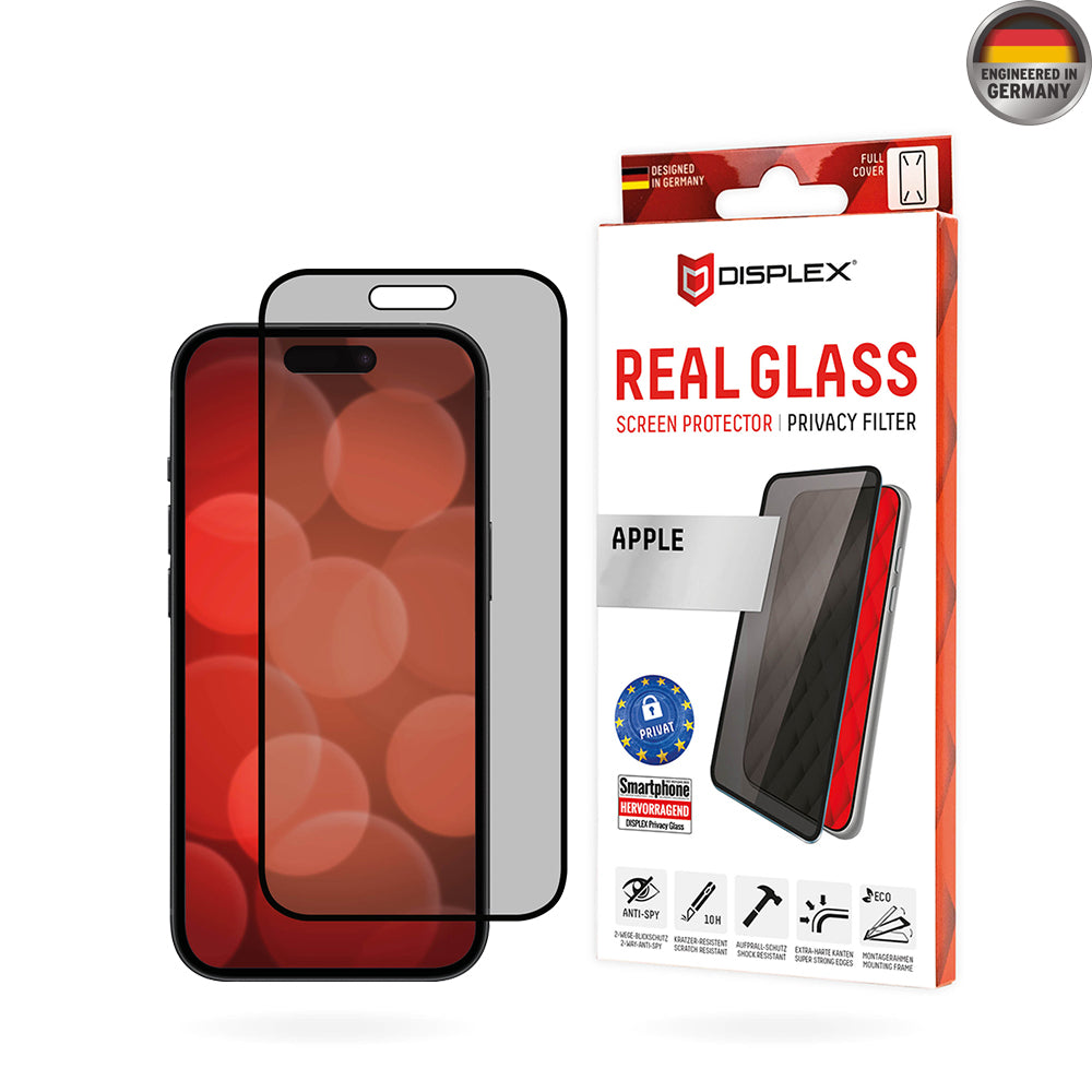 Privacy Screen Protector Displex Real Glass voor Apple iPhone 16 Plus, Gehard Glas, Volledige Lijm