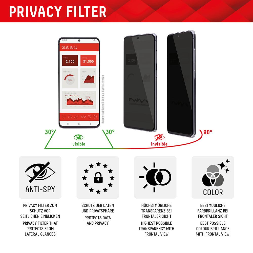 Privacy Screen Protector Displex Real Glass voor Apple iPhone 16 Plus, Gehard Glas, Volledige Lijm