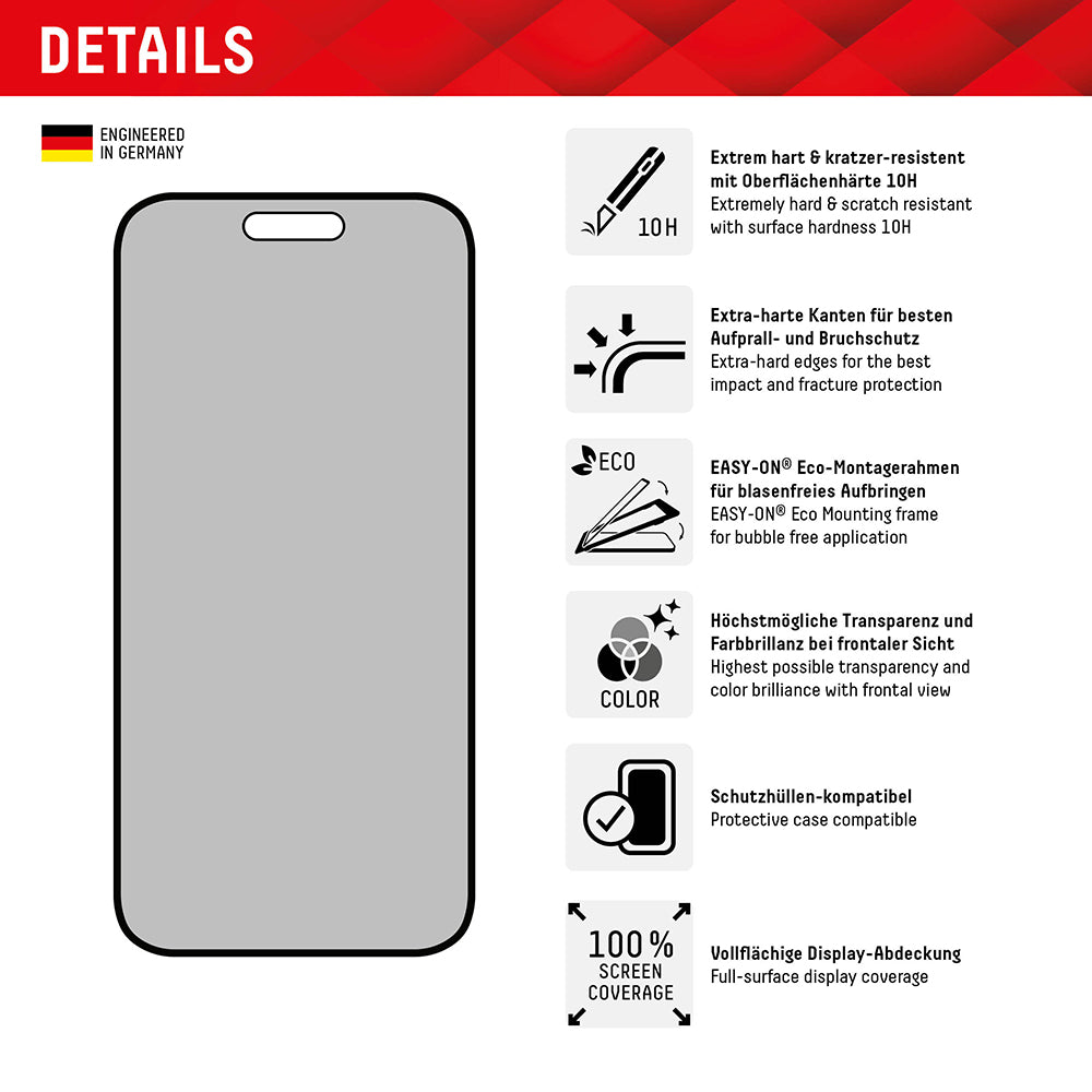 Privacy Screen Protector Displex Real Glass voor Apple iPhone 16 Plus, Gehard Glas, Volledige Lijm