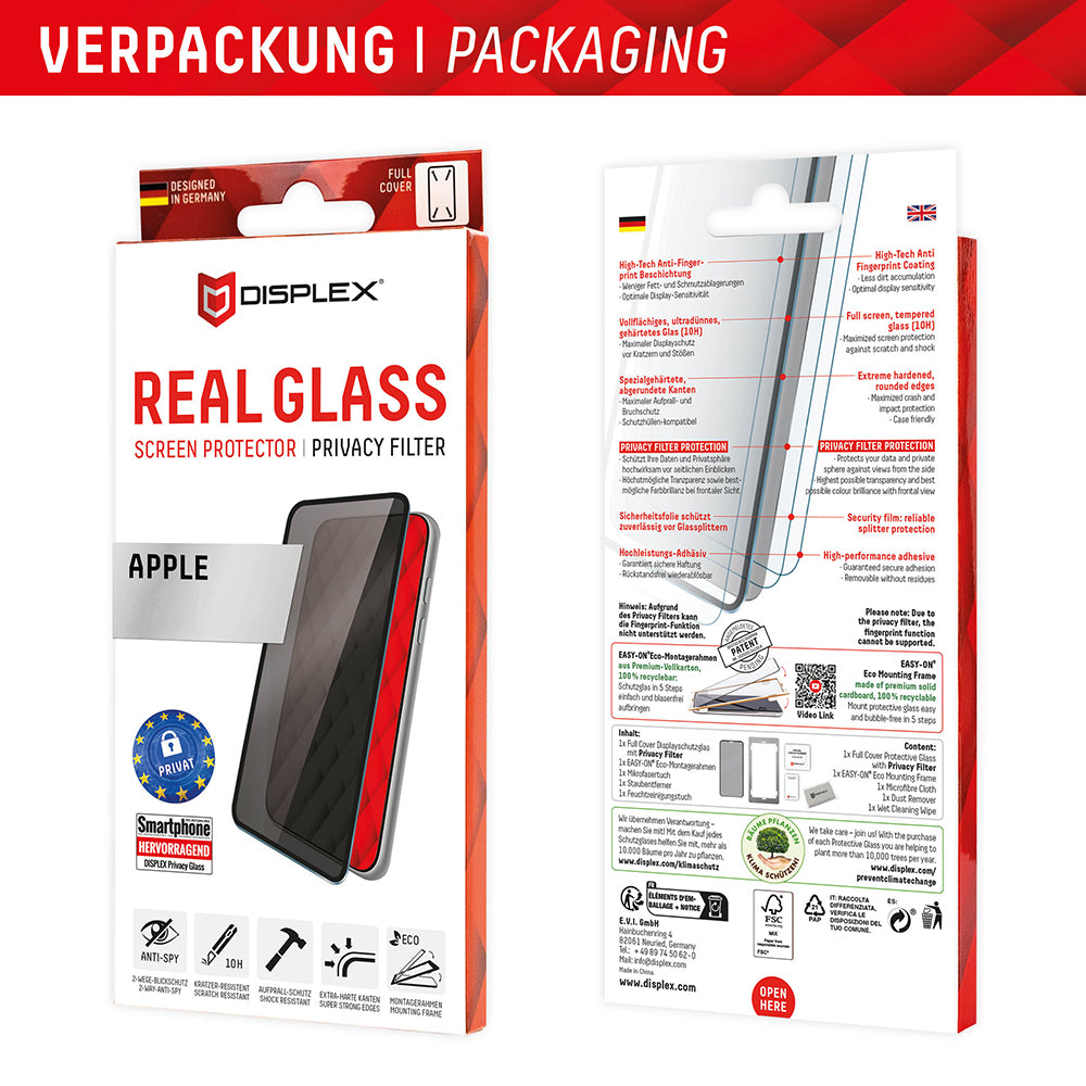 Privacy Screen Protector Displex Real Glass voor Apple iPhone 16 Plus, Gehard Glas, Volledige Lijm