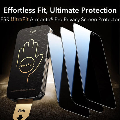 Beschermfolie Privacy Screen ESR UltraFit Armorite Pro voor Apple iPhone 17 Pro, Gehard Glas, Volledige Lijm, Set van 3 Stuks