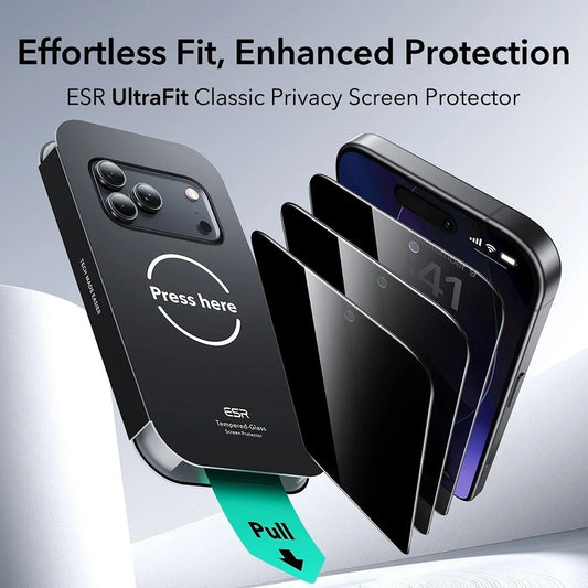 Privacy ESR UltraFit schermbeschermfolie voor Apple iPhone 17 Pro, Gehard Glas, Volledige Lijm, Set van 3 stuks
