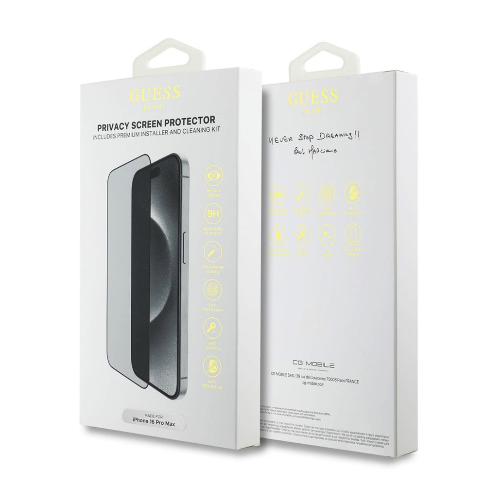 Privacy Screen Protector Guess voor Apple iPhone 16 Pro Max, Gehard Glas, Volledige Lijm, 2.5D, GUTGP16XBOKGCIP