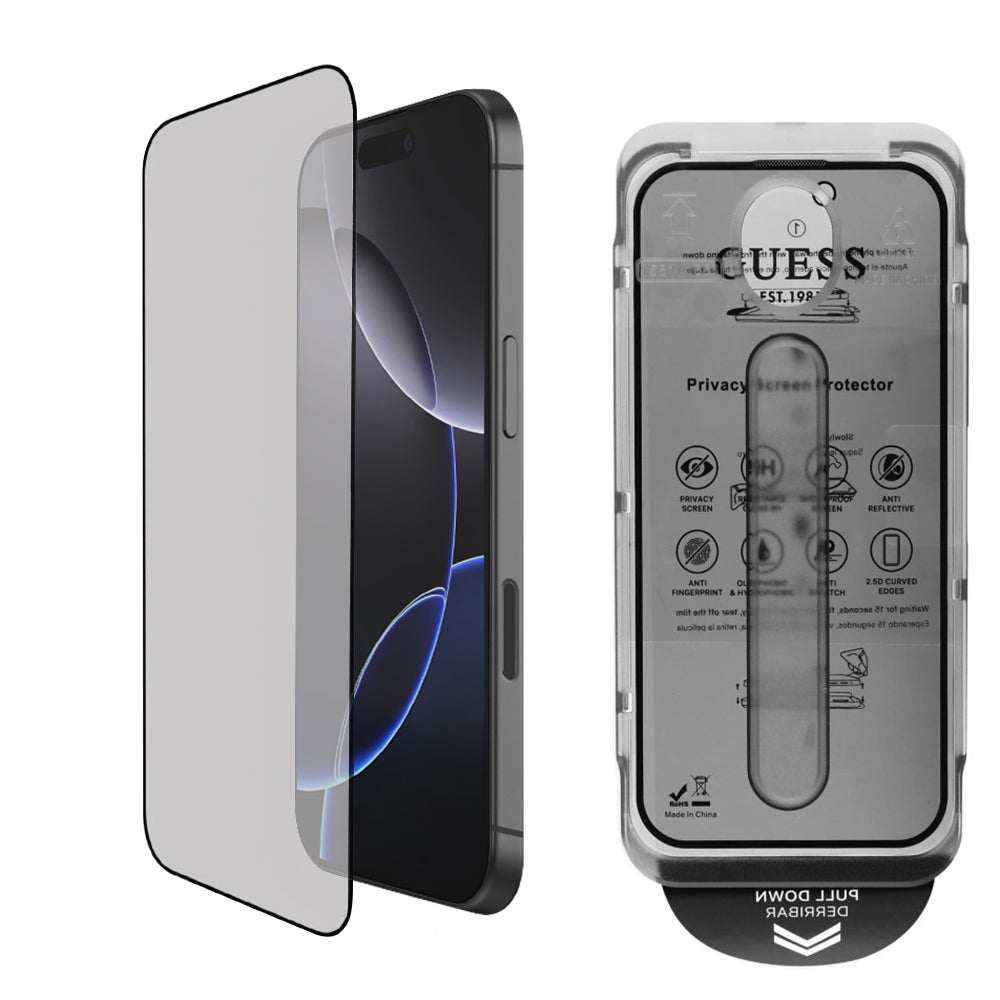 Privacy Screen Protector Guess voor Apple iPhone 16, Gehard Glas, Volledige Lijm, 2.5D, GUTGP16SBOKGCIP