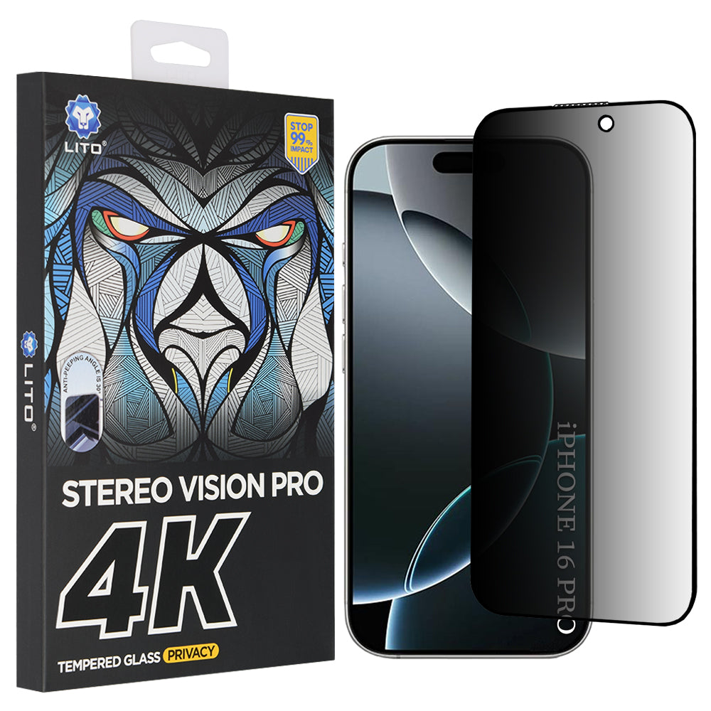 Privacy Screen Protector Lito D+ Max 4K voor Apple iPhone 17 / 16 Pro, Gehard Glas, Volledige Lijm