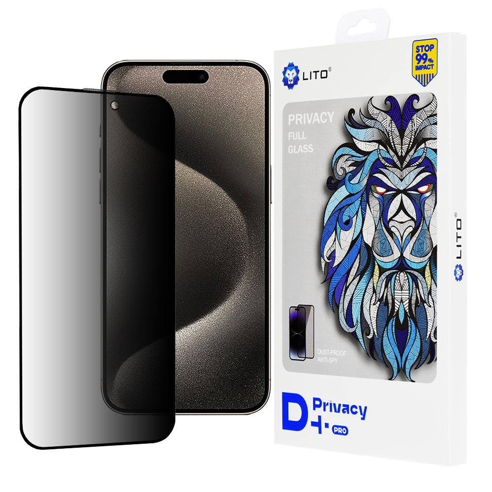 Lito D+ Pro Privacy Screen Protector Film for Apple iPhone 15 Pro Max, Tempered Glass, Full Glue
