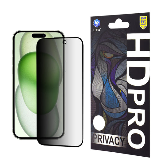 Privacy Screen Protector Folie Lito HD Pro voor Apple iPhone 15 Plus, Gehard Glas, Volledige Lijm