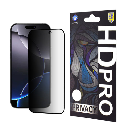 Privacy Screen Protector Folie Lito HD Pro voor Apple iPhone 16 Pro Max, Gehard Glas, Volledige Lijm