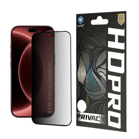 Privacy Screen Protector Folie Lito HD Pro voor Apple iPhone 18 Pro Max, Gehard Glas, Volledige Lijm