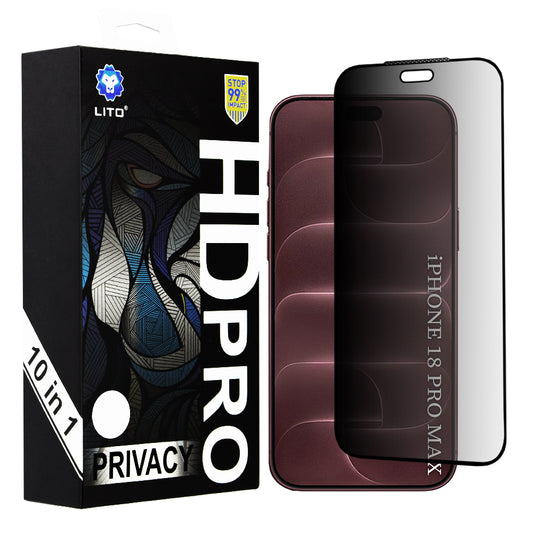 Lito HD Pro Privacy-schermbeschermer voor Apple iPhone 18 Pro Max, gehard glas, volledige kleeflaag, set van 10 stuks