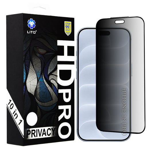 Lito HD Pro Privacy-schermbeschermer voor Apple iPhone 18 Pro, gehard glas, volledige kleeflaag, set van 10 stuks