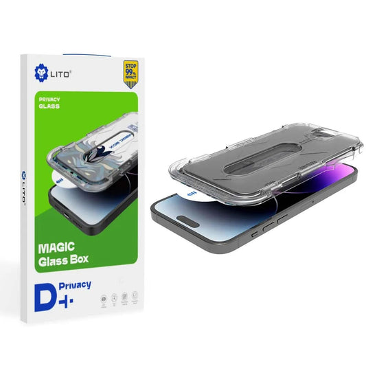 Privacy Screen Protector Folie Lito Magic Glass Box D+ Tools voor Apple iPhone 15, Gehard Glas, Volledige Lijm