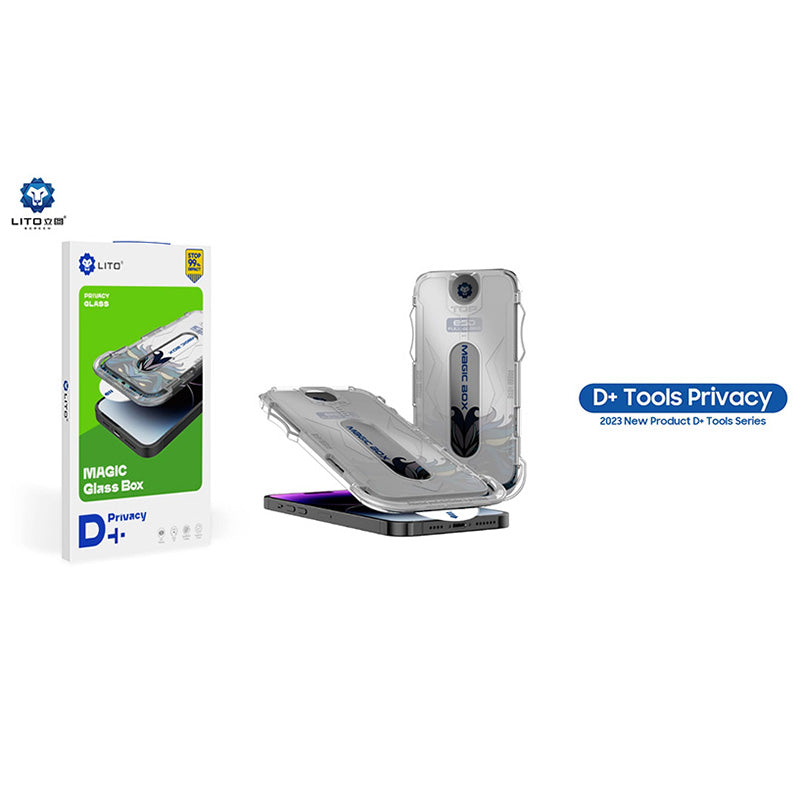 Privacy Screen Protector Lito Magic Glass Box D+ Tools for Apple iPhone 15, Tempered Glass, Full Glue