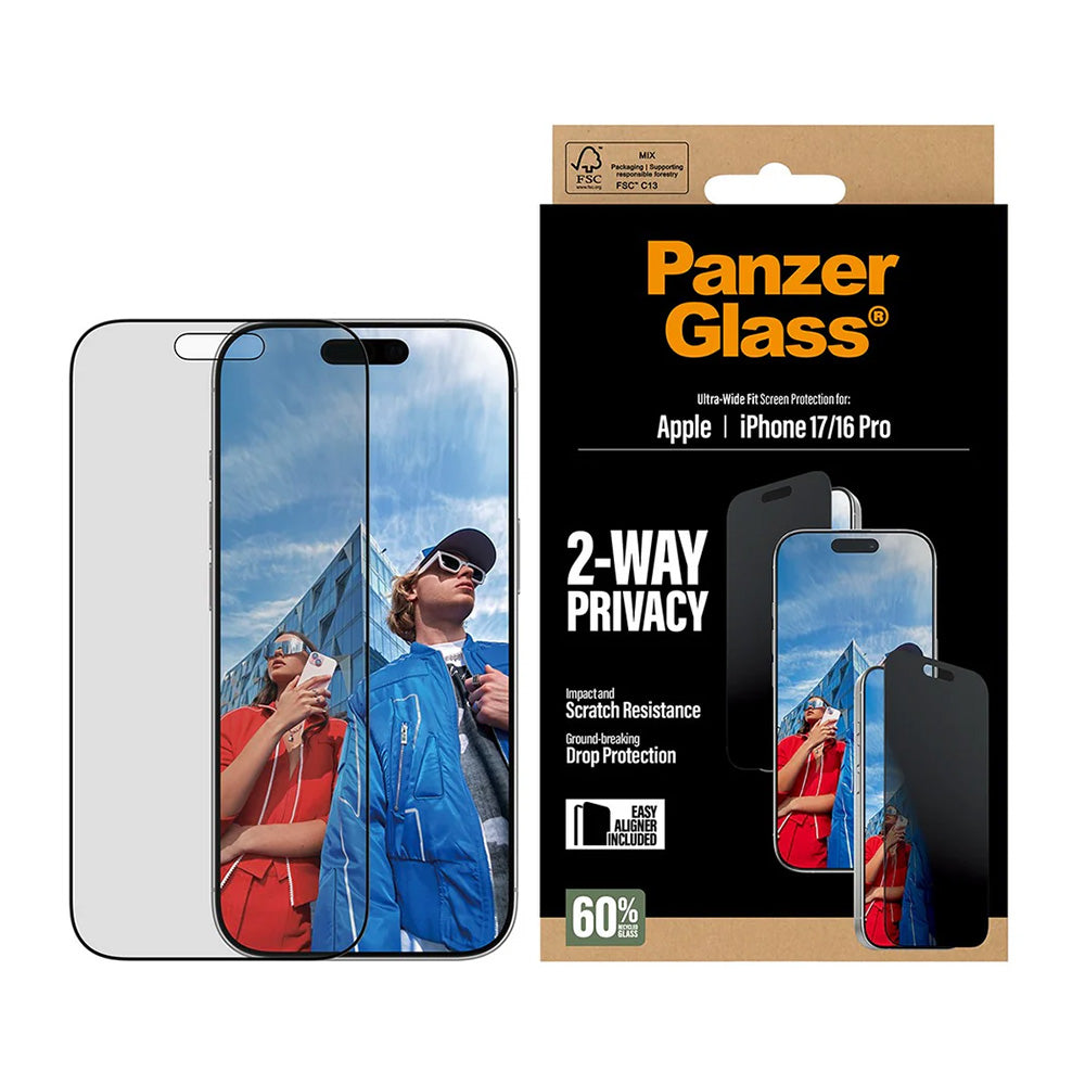 Privacy Screen Protector PanzerGlass Ultra-Wide Fit 2-Way EasyAligner for Apple iPhone 17 / 16 Pro, Tempered Glass, Full Glue