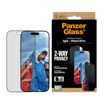 Privacy Screen Protector PanzerGlass Ultra-Wide Fit 2-Way EasyAligner for Apple iPhone 17 / 16 Pro, Tempered Glass, Full Glue
