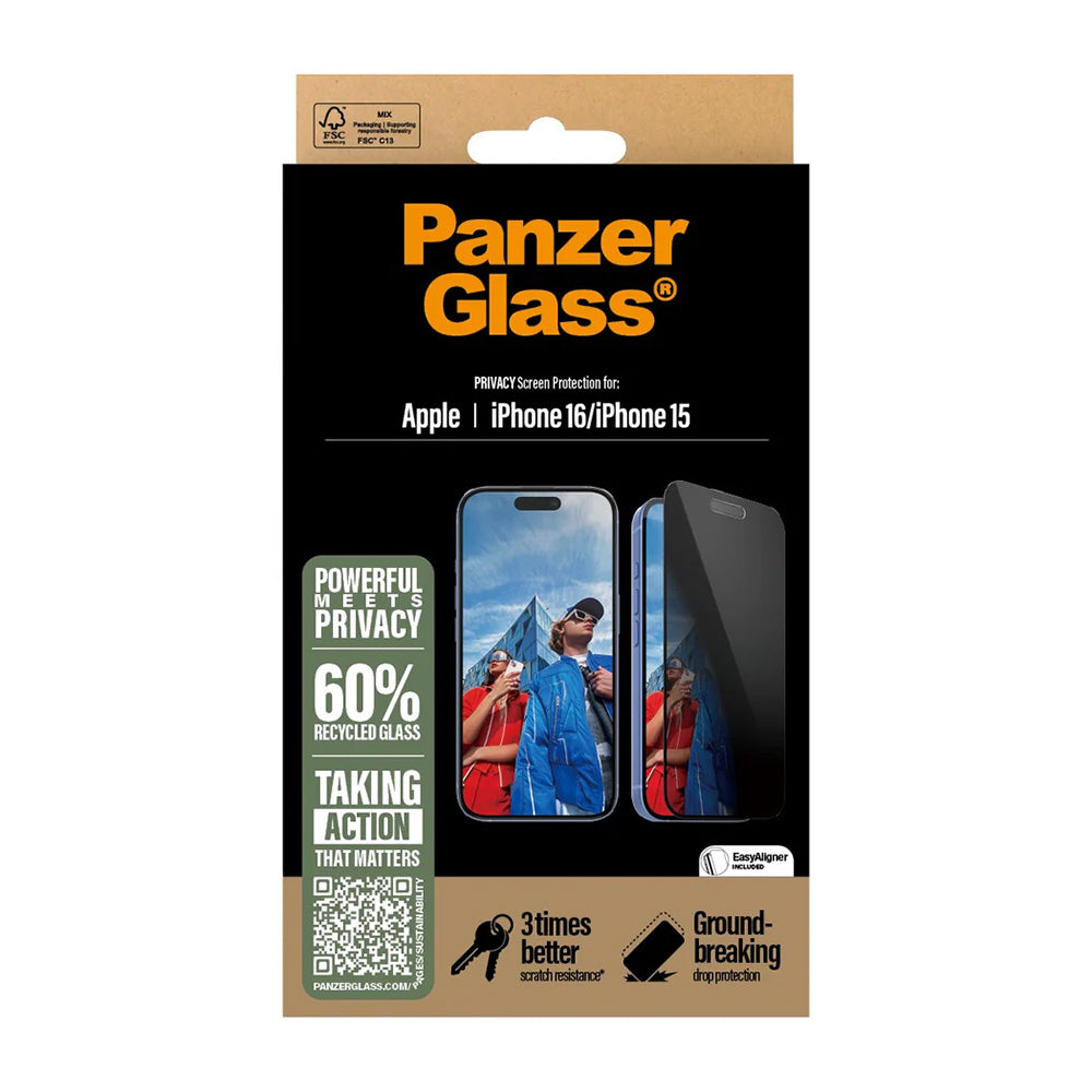 Privacy Screen Protector PanzerGlass Ultra-Wide Fit EasyAligner for Apple iPhone 16 / 15, Tempered Glass, Full Glue