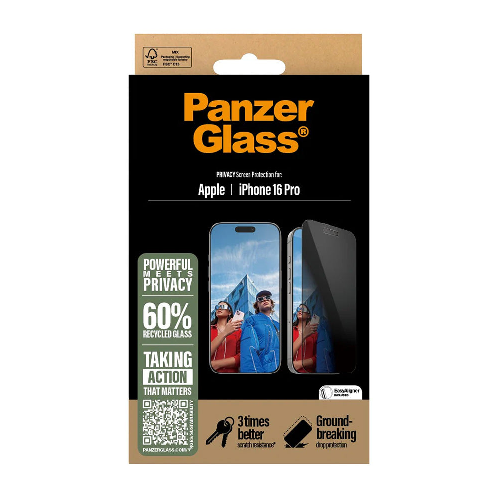 Privacy Screen Protector PanzerGlass Ultra-Wide Fit EasyAligner for Apple iPhone 16 Pro, Tempered Glass, Full Glue