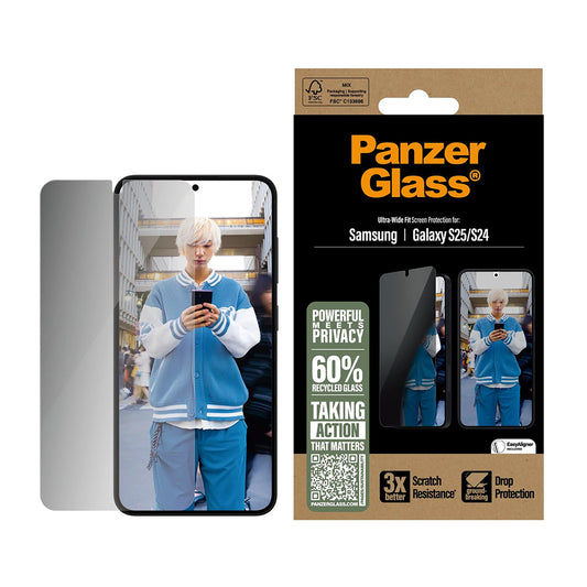 Privacy-schermbeveiligingsfolie PanzerGlass Ultra-Wide Fit voor Samsung Galaxy S25 S931 / S24 S921, Gehard Glas, Volledige Lijm