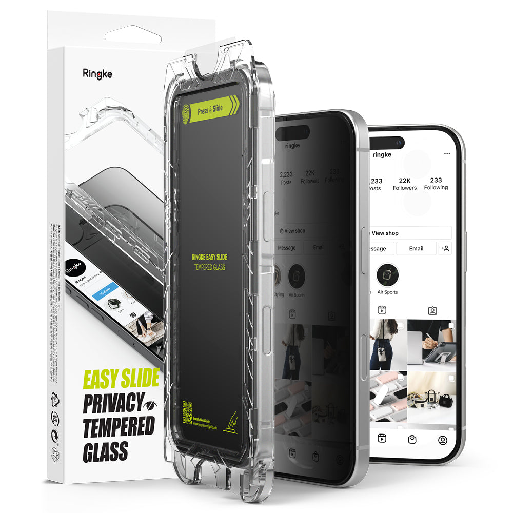 Privacy-schermbeveiligingsfolie Ringke Easy Slide voor Apple iPhone 16 Plus / 15 Plus, Gehard Glas, Volledige Lijm, Set van 2 stuks