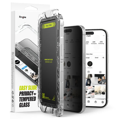 Privacy-schermbeveiligingsfolie Ringke Easy Slide voor Apple iPhone 16 Plus / 15 Plus, Gehard Glas, Volledige Lijm, Set van 2 stuks