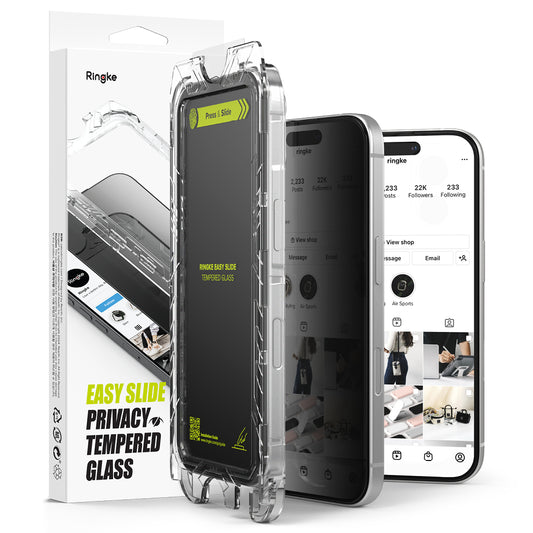 Privacy-schermbeveiligingsfolie Ringke Easy Slide voor Apple iPhone 16 Plus / 15 Plus, Gehard Glas, Volledige Lijm, Set van 2 stuks