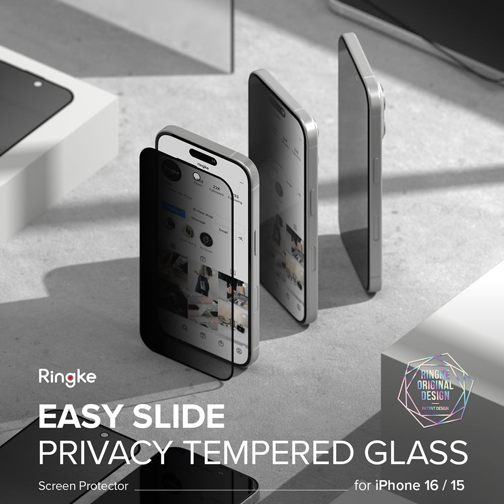 Privacy-schermbeveiligingsfolie Ringke Easy Slide voor Apple iPhone 16 Plus / 15 Plus, Gehard Glas, Volledige Lijm, Set van 2 stuks