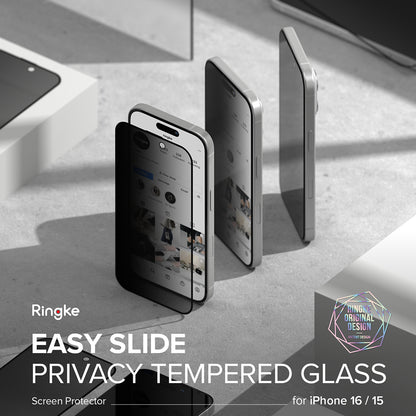Privacy-schermbeveiligingsfolie Ringke Easy Slide voor Apple iPhone 16 Plus / 15 Plus, Gehard Glas, Volledige Lijm, Set van 2 stuks