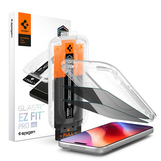 Privacy Screen Protector Folie Spigen GlastR EZ FIT Pro HD voor Apple iPhone 18 Pro Max, Gehard Glas, Volledige Lijm, Set van 2 stuks AGL12033