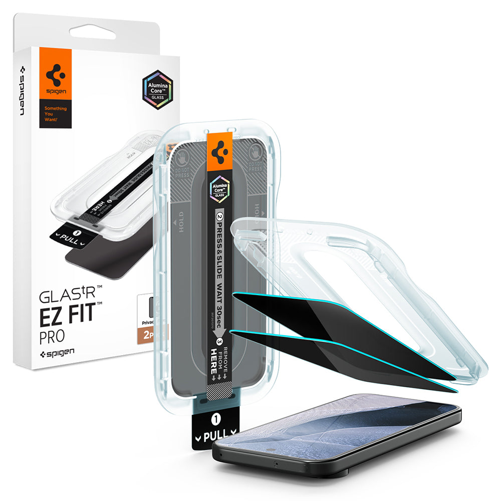 Privacy Screen Protector Folie Spigen GlastR EZ FIT Pro voor Google Pixel 11 / 10, Gehard Glas, Volledige Lijm, Set van 2 stuks AGL11546