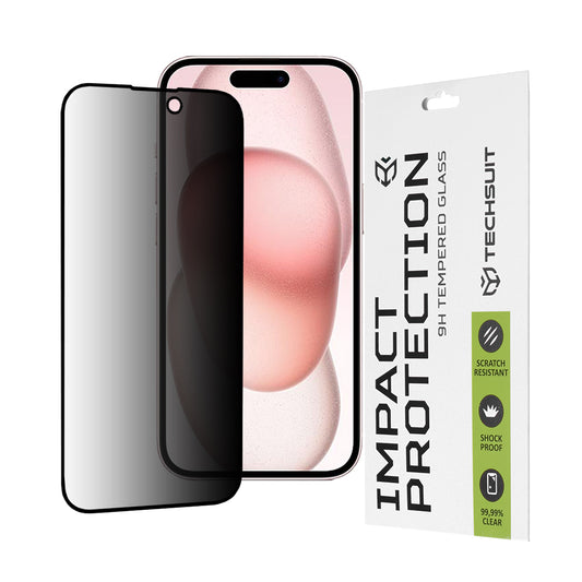 Privacy Techsuit schermbeschermfolie voor Apple iPhone 16 / 15, gehard glas, full glue, 111D