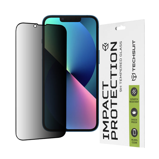Privacy Techsuit schermbeschermfolie voor Apple iPhone 17e / 16e / 14 / 13 Pro, gehard glas, volledige lijm, 111D