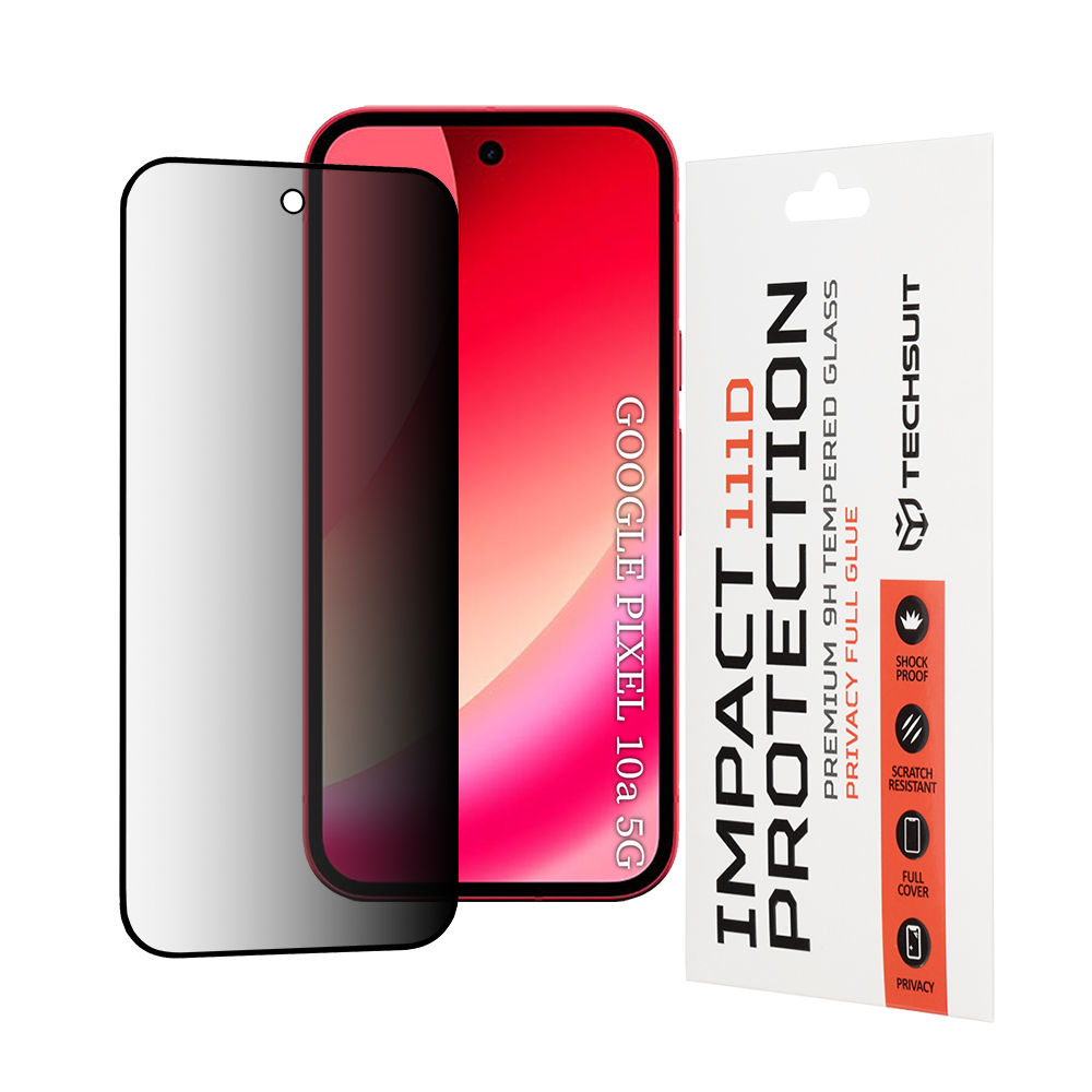 Privacy Techsuit schermbeschermfolie voor Google Pixel 10a, Gehard Glas, Volledige Lijm, 111D
