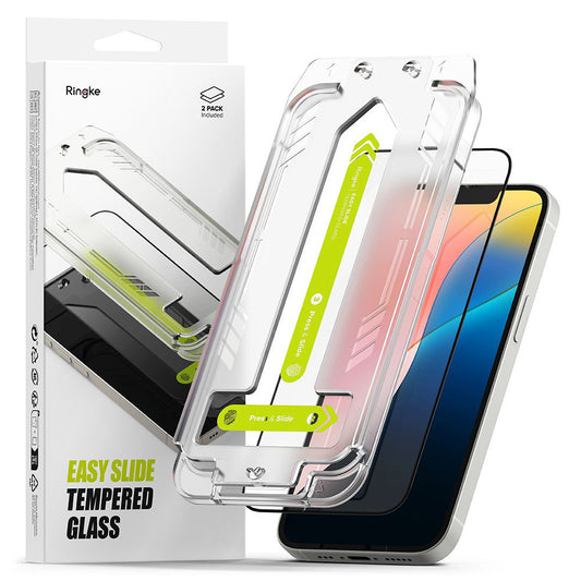 Ringke Easy Slide schermbeschermfolie voor Apple iPhone 17e / 16e / 14 / 13 Pro, gehard glas, volledige lijm, set van 2 stuks, zwart