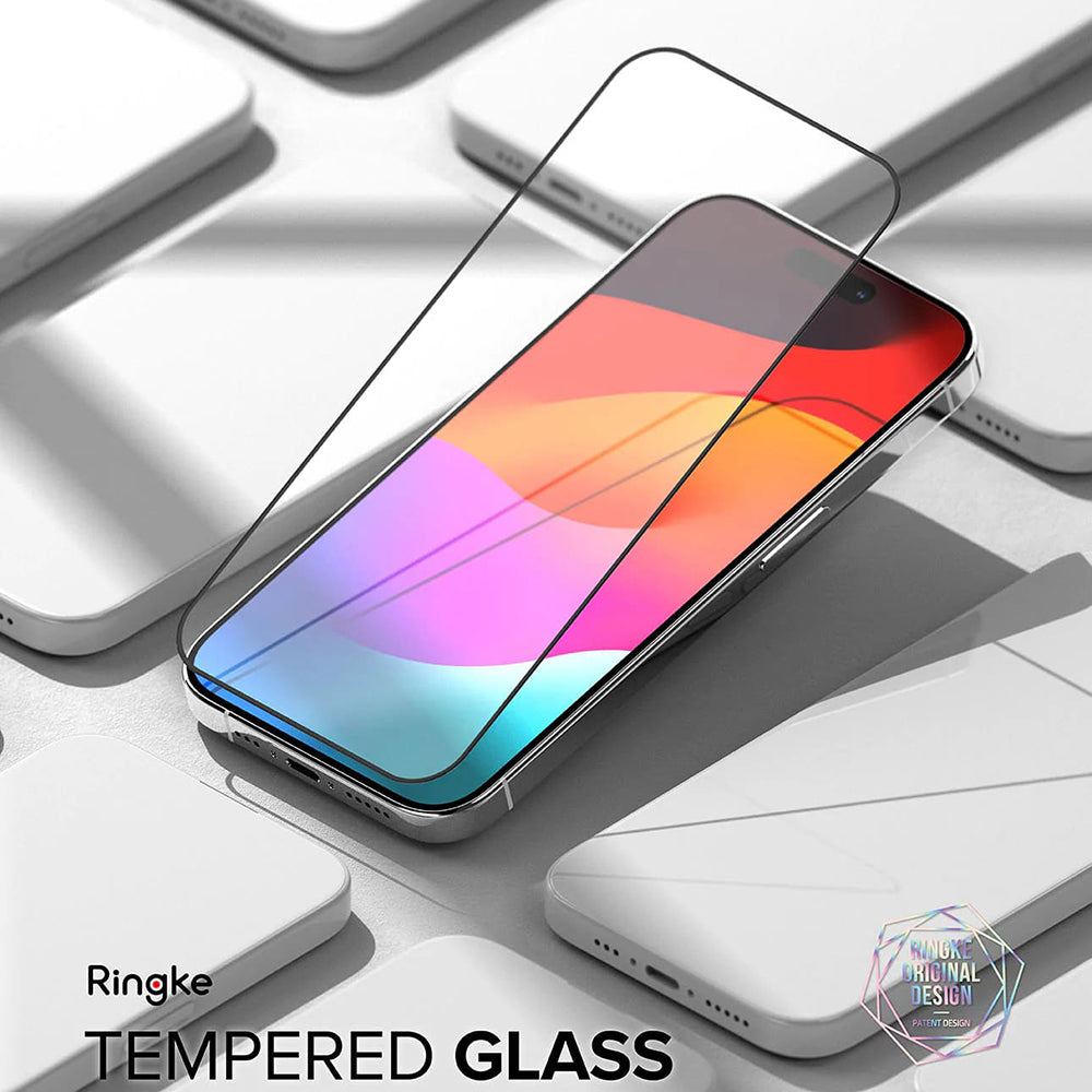 Ringke schermbeschermfolie voor Apple iPhone 15 Pro, gehard glas, volledige lijm, zwart