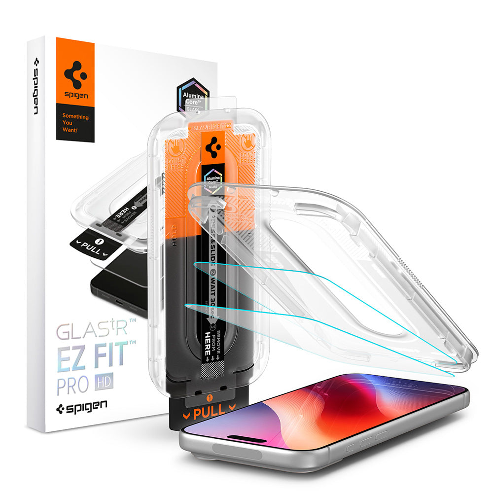 Spigen GlastR EZ FIT Pro HD schermbeschermfolie voor Apple iPhone 18 Pro / 17 Pro / 17 / 16 Pro, gehard glas, volledige lijm, set van 2 stuks AGL12047